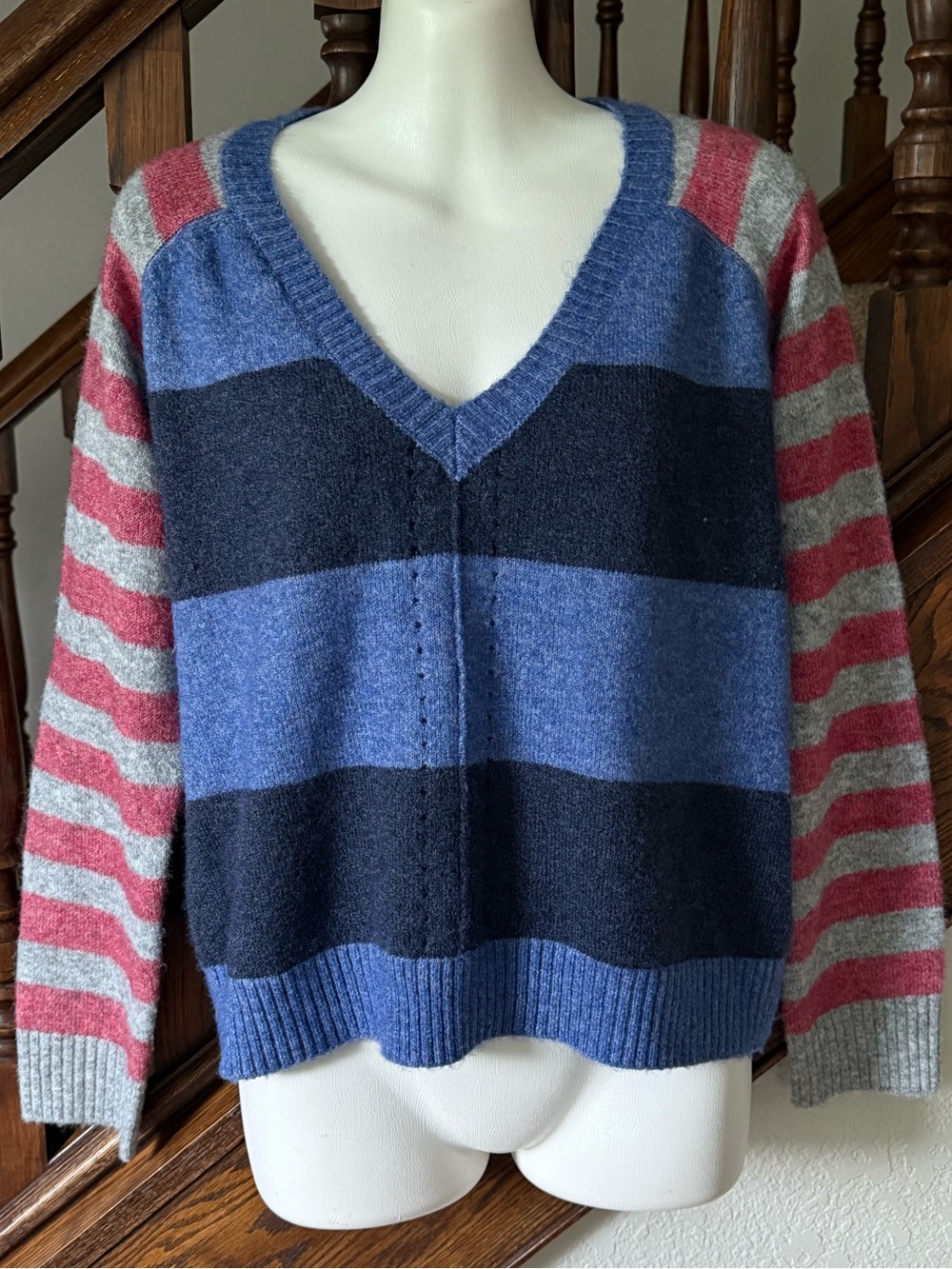 Central Park West Striped V-Neck Sweater Medium